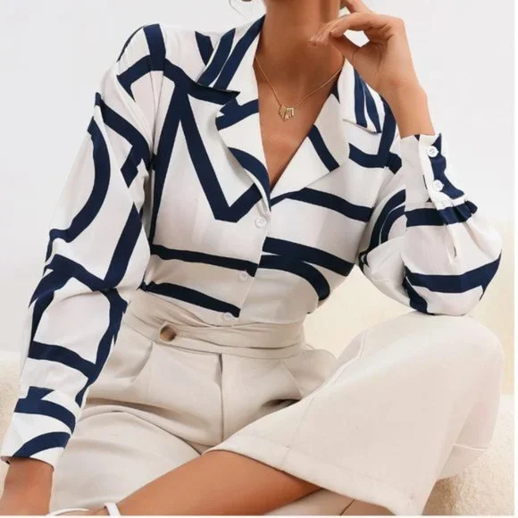 Blue And White Button Down Blouse - Picture 2 of 5